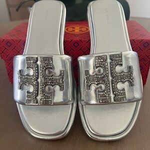 Tory Burch Metallic Silver Logo Slide Mules